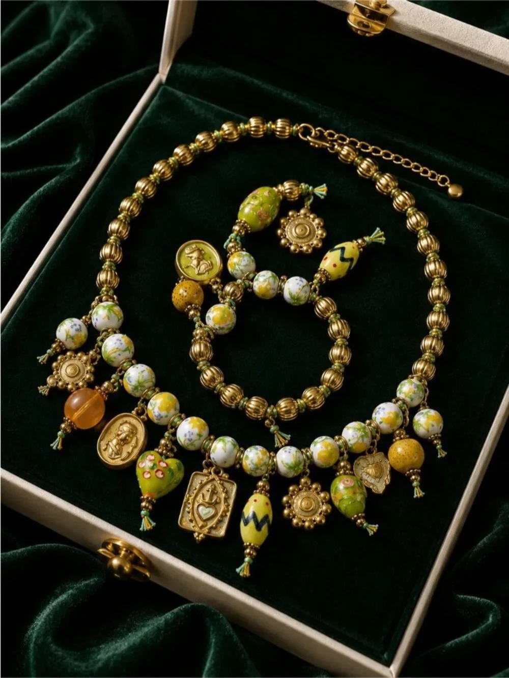 Gold-tone Necklace with Green, Yellow and White Beaded Charms